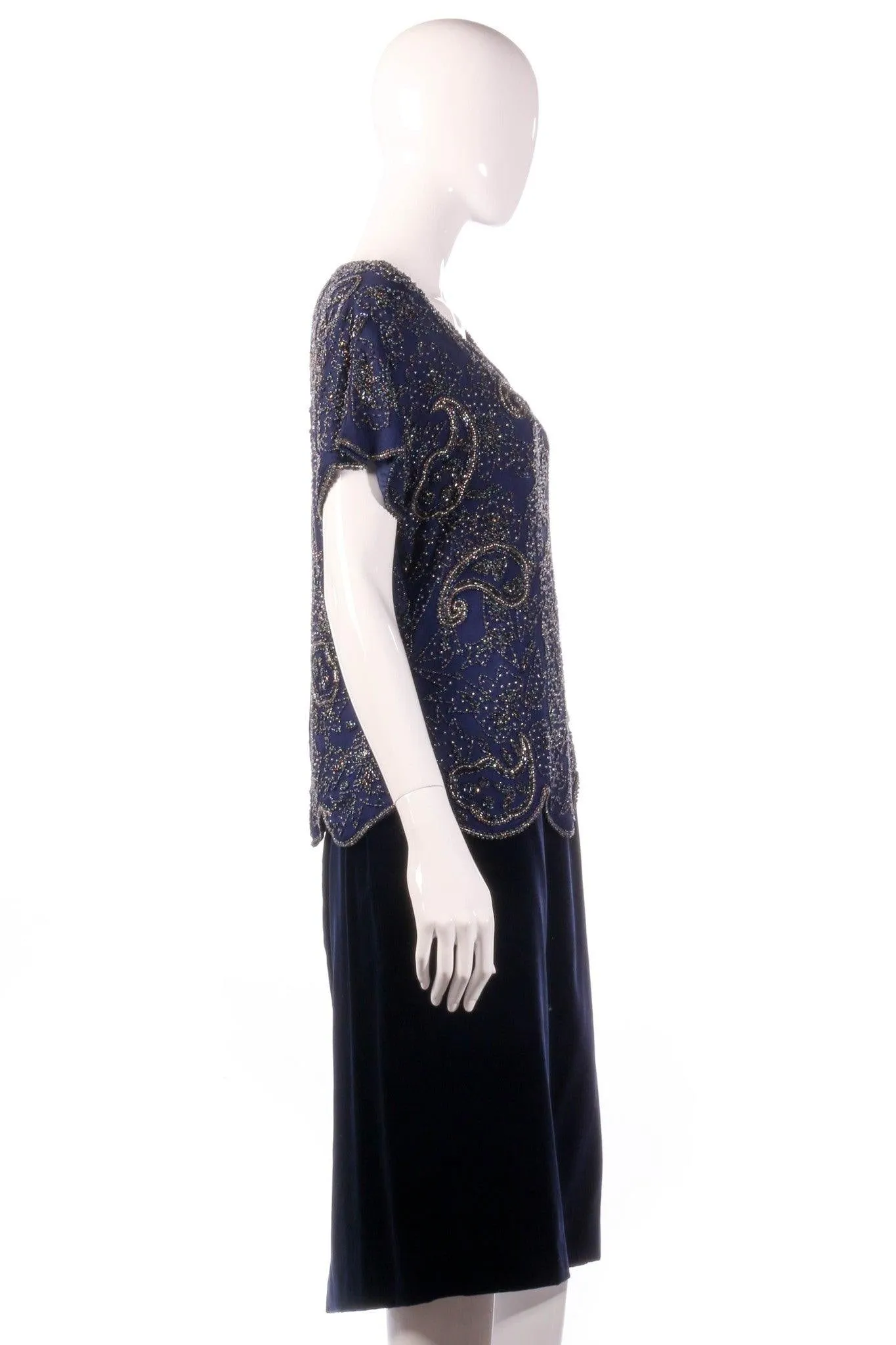 Serenade Blue Short Sleeve 100% Silk Beaded Top and Dark Blue Velvet Knee Length Skirt Size 14/16