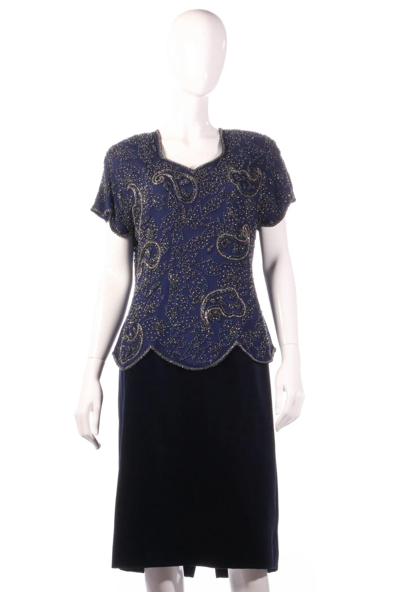 Serenade Blue Short Sleeve 100% Silk Beaded Top and Dark Blue Velvet Knee Length Skirt Size 14/16