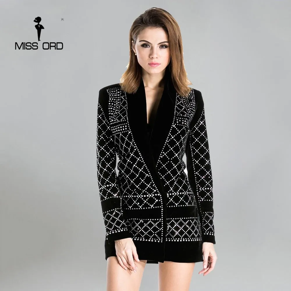 Sexy V-neck long-sleeved geometric studded velvet blazer dress