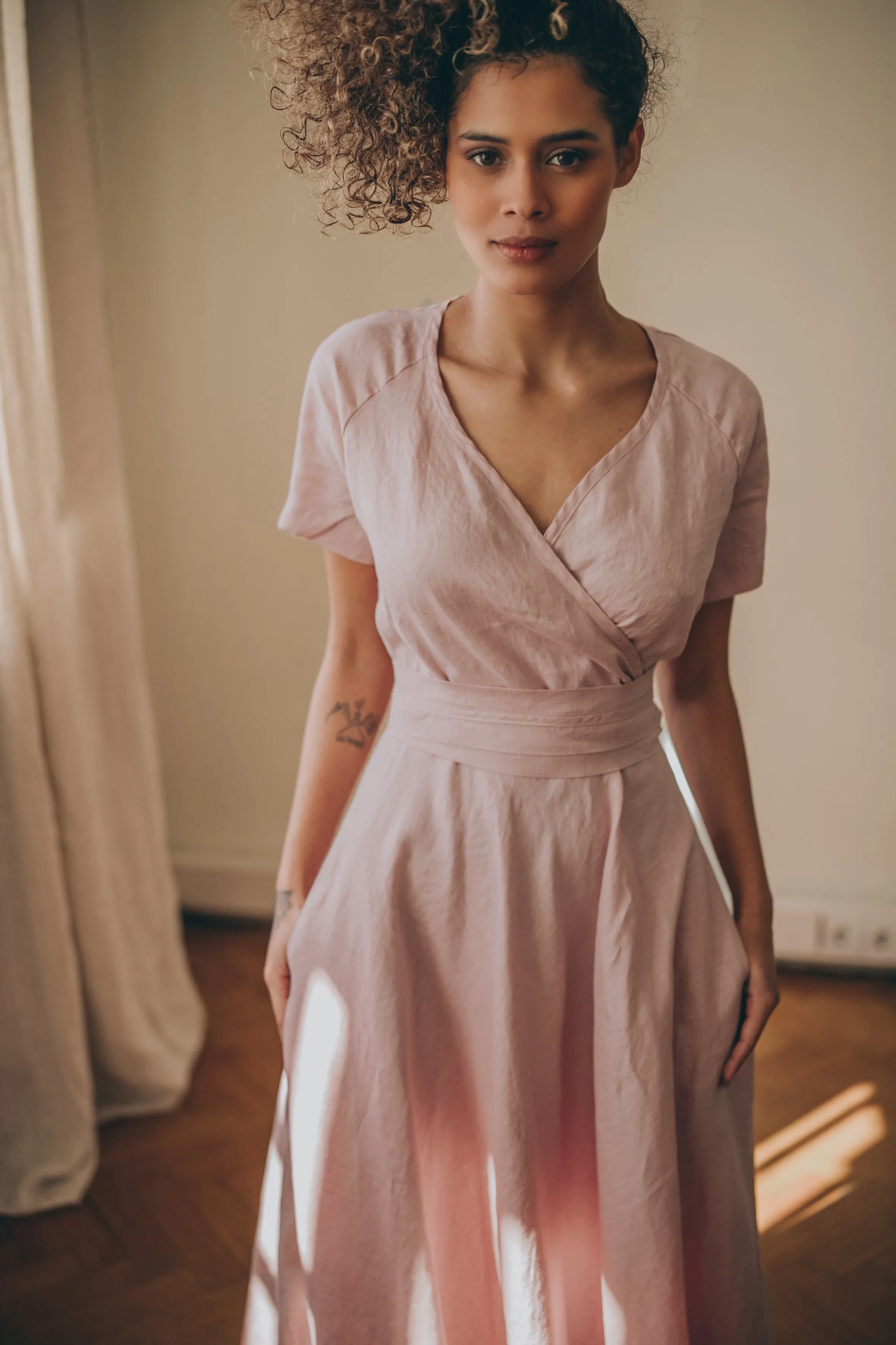 Short Sleeve Linen Wrap Dress