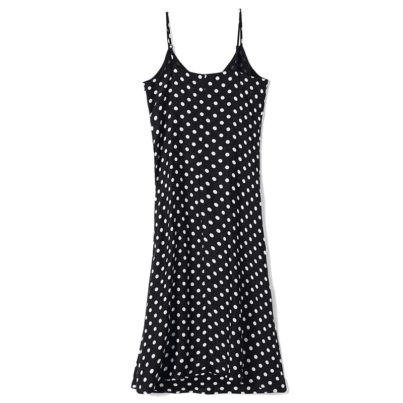 Silk Polka Dots Spaghetti Strap Maxi Dress