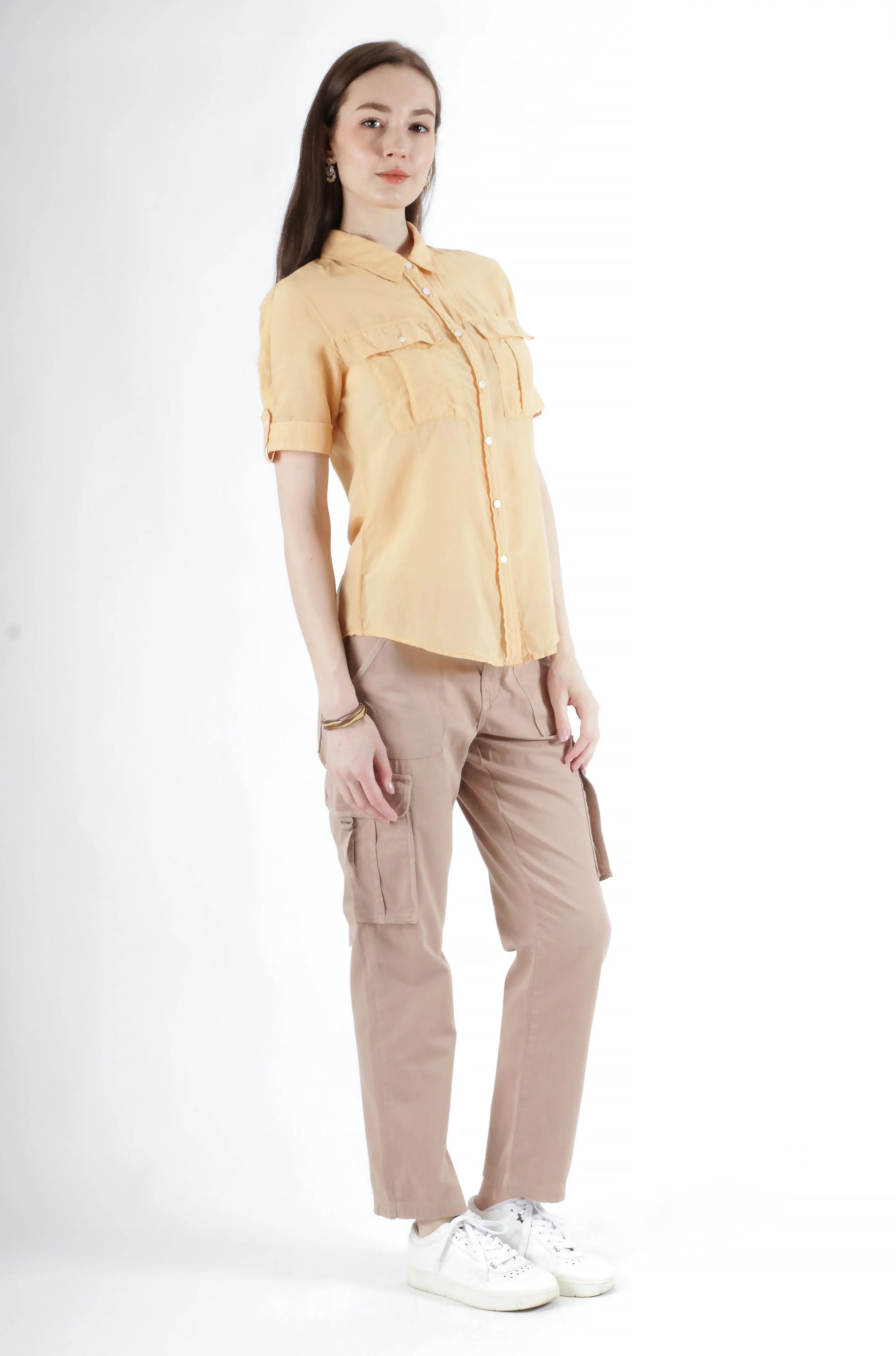 Slim cargo pants with tape closure pocket in Brown