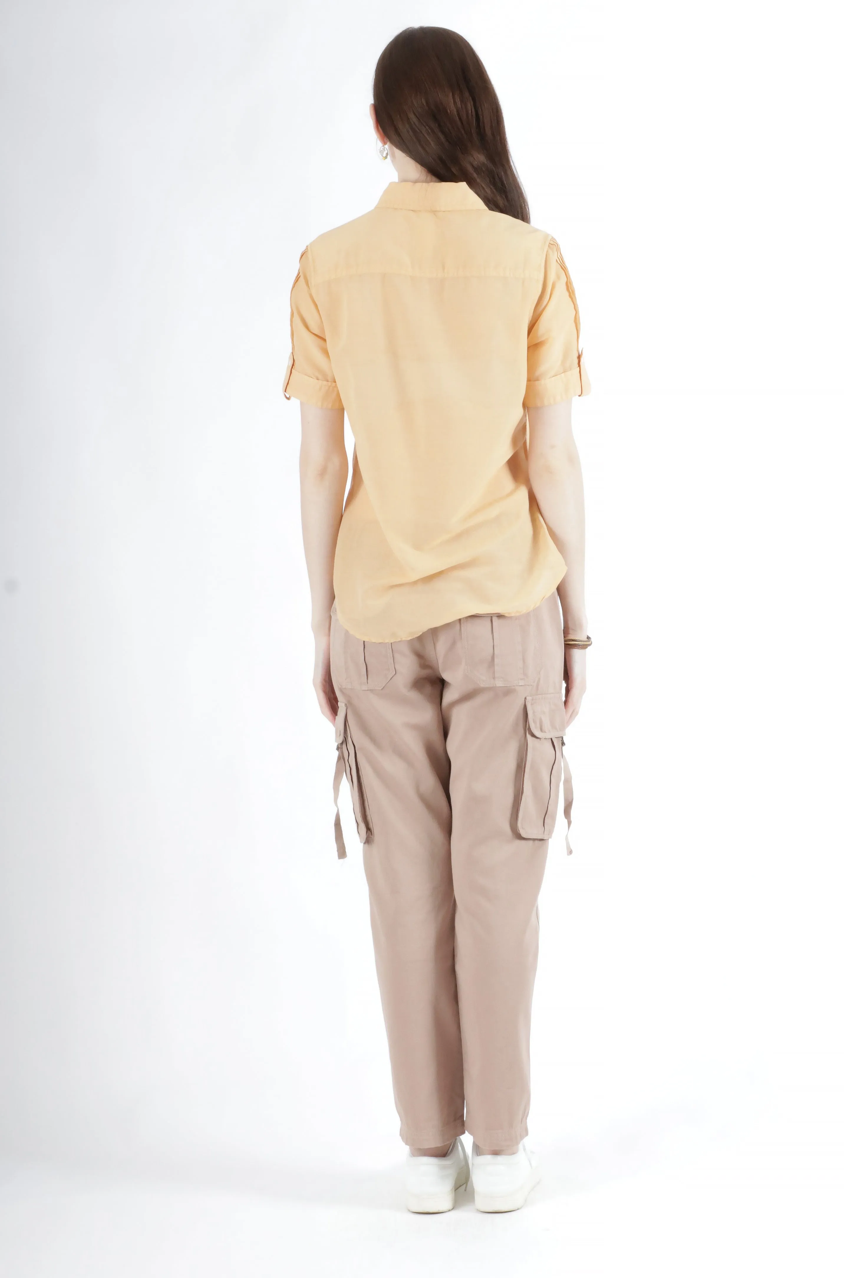 Slim cargo pants with tape closure pocket in Brown