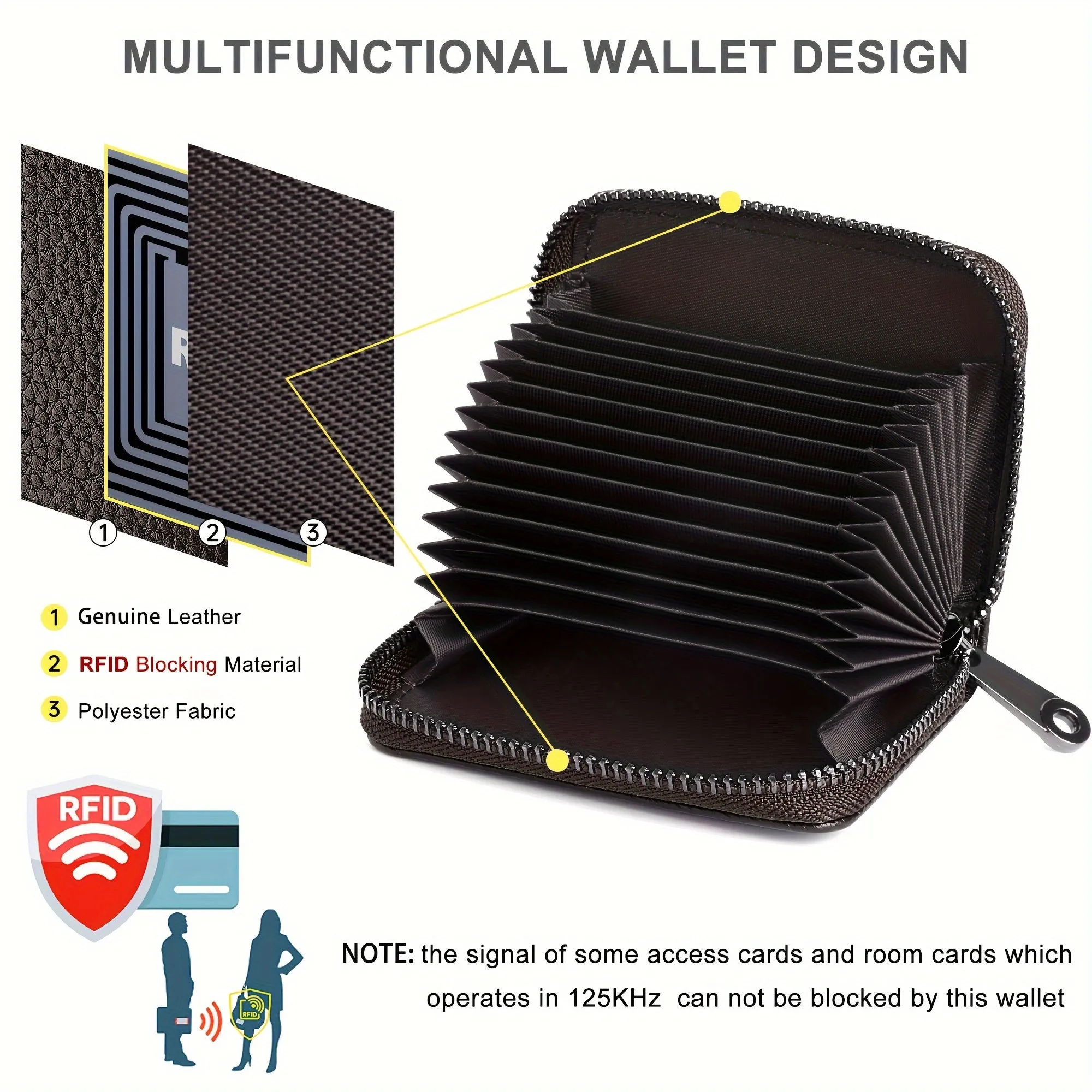 Slim Genuine Leather RFID Blocking Accordion Credit Card Holder Wallet for Women - Zipper Closure, Polyester Lining, Slit Pocket, Casual Style, No Printing - Perfect for Carrying Multiple Cards and Cash