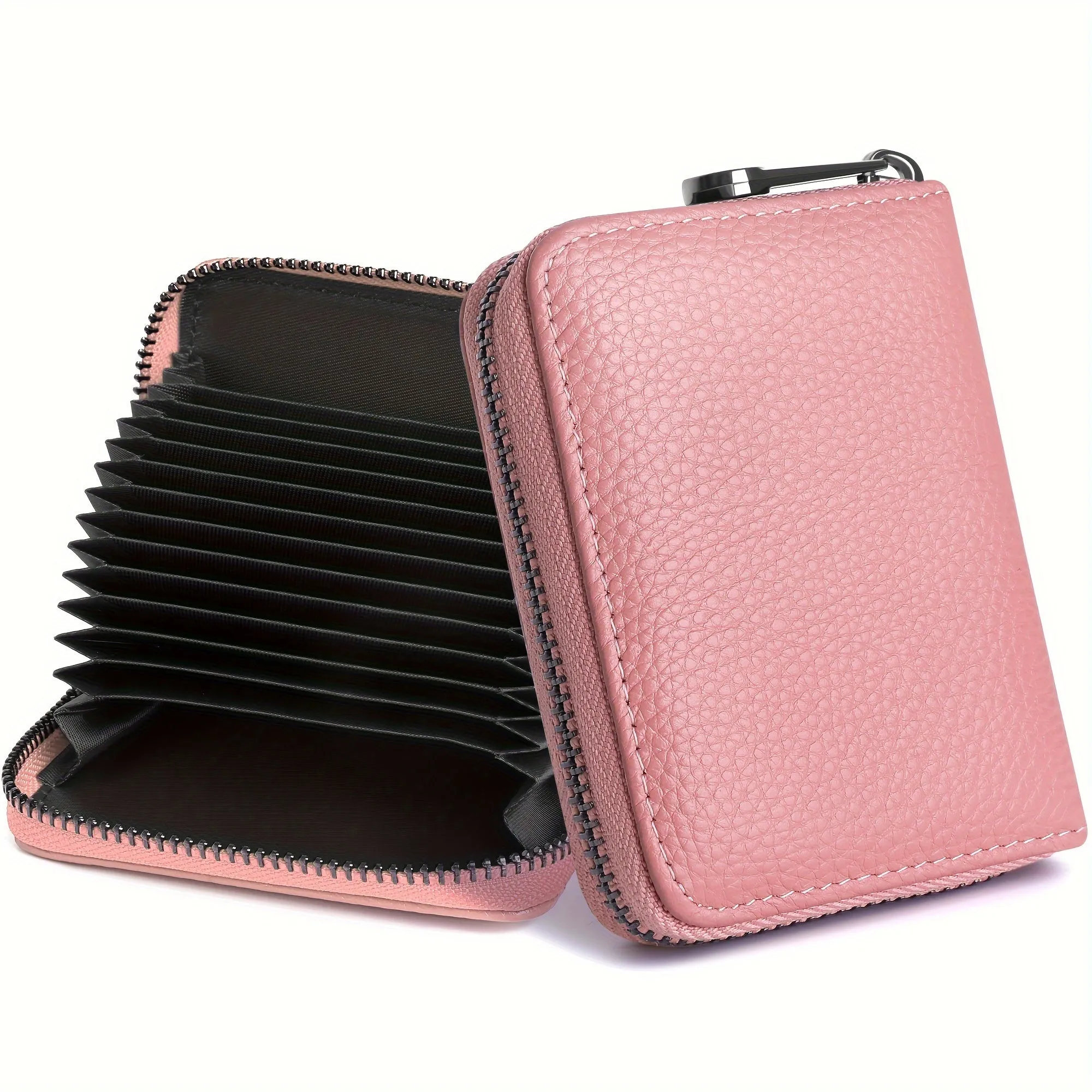 Slim Genuine Leather RFID Blocking Accordion Credit Card Holder Wallet for Women - Zipper Closure, Polyester Lining, Slit Pocket, Casual Style, No Printing - Perfect for Carrying Multiple Cards and Cash