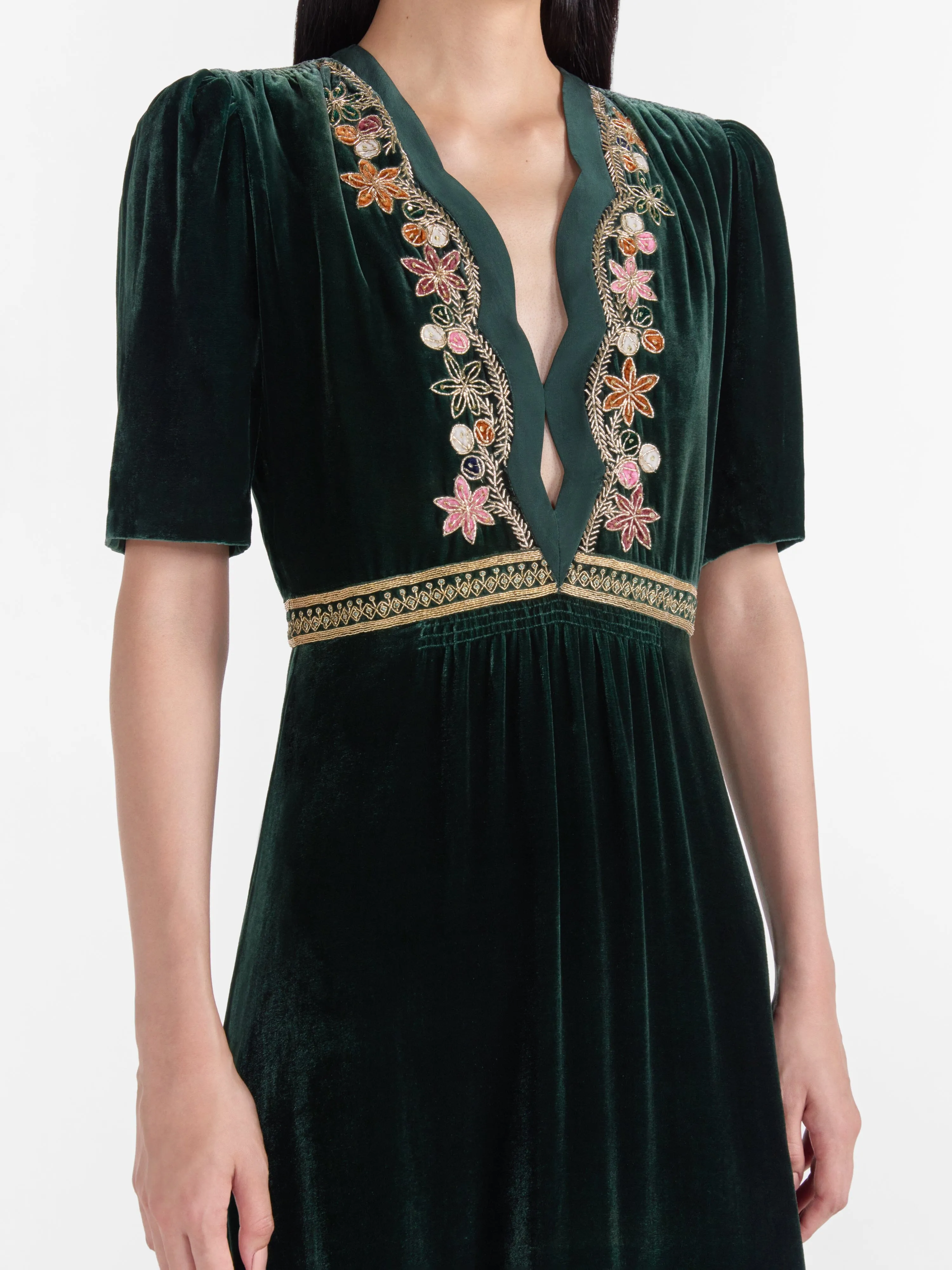 Tabitha Dress in Forest Green with Vine Embroidery