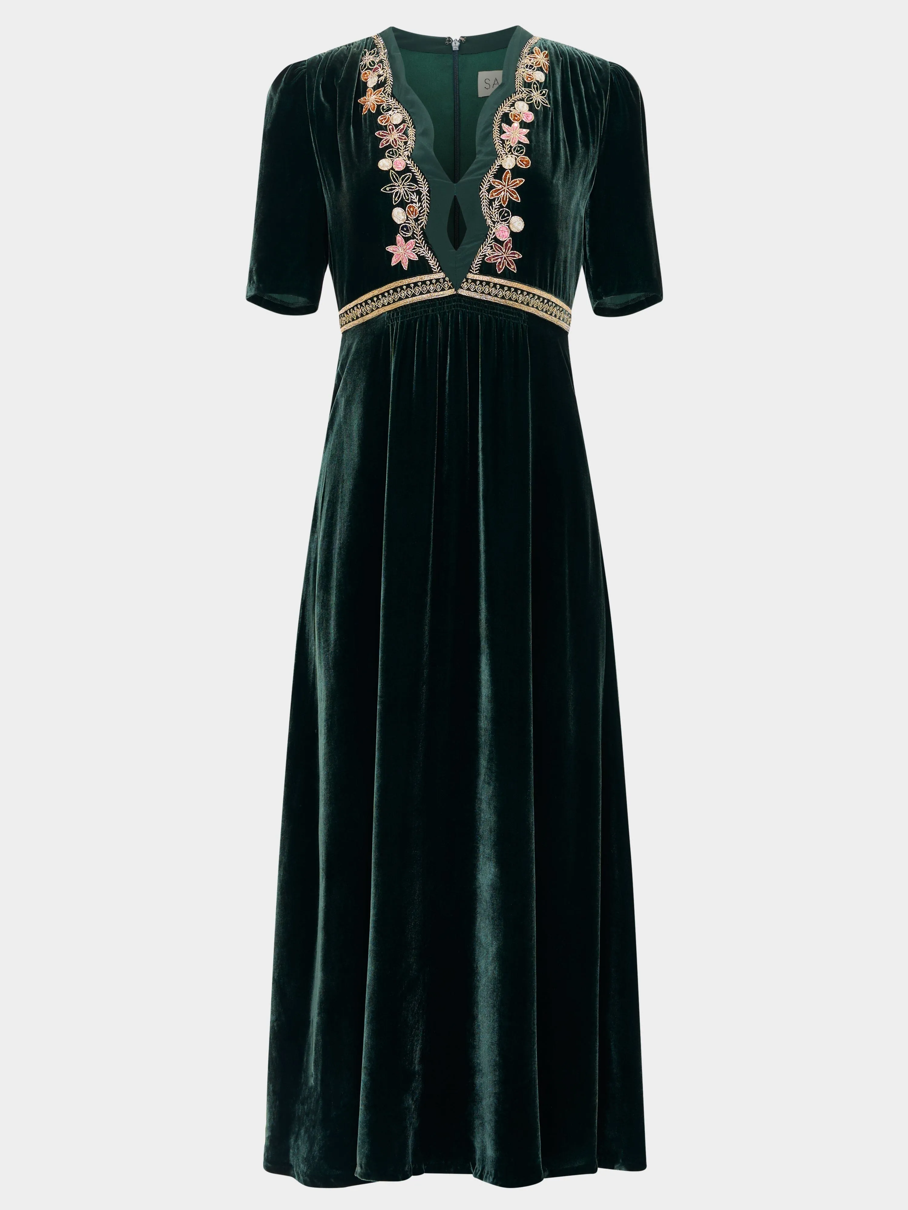 Tabitha Dress in Forest Green with Vine Embroidery