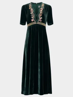 Tabitha Dress in Forest Green with Vine Embroidery