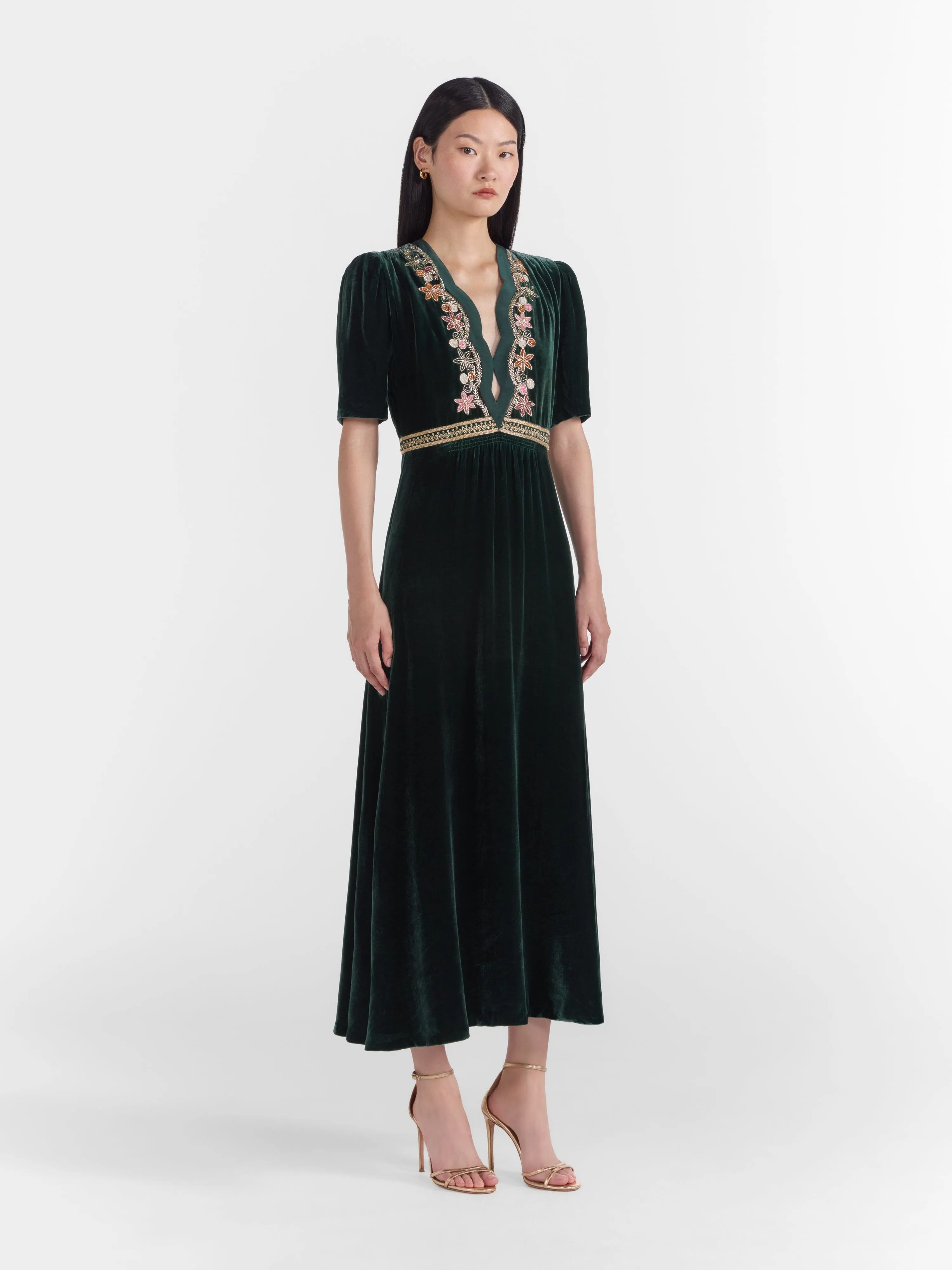 Tabitha Dress in Forest Green with Vine Embroidery