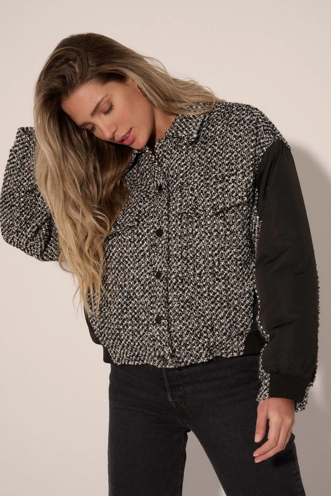 Take the Tweed Mixed Media Trucker Bomber Jacket