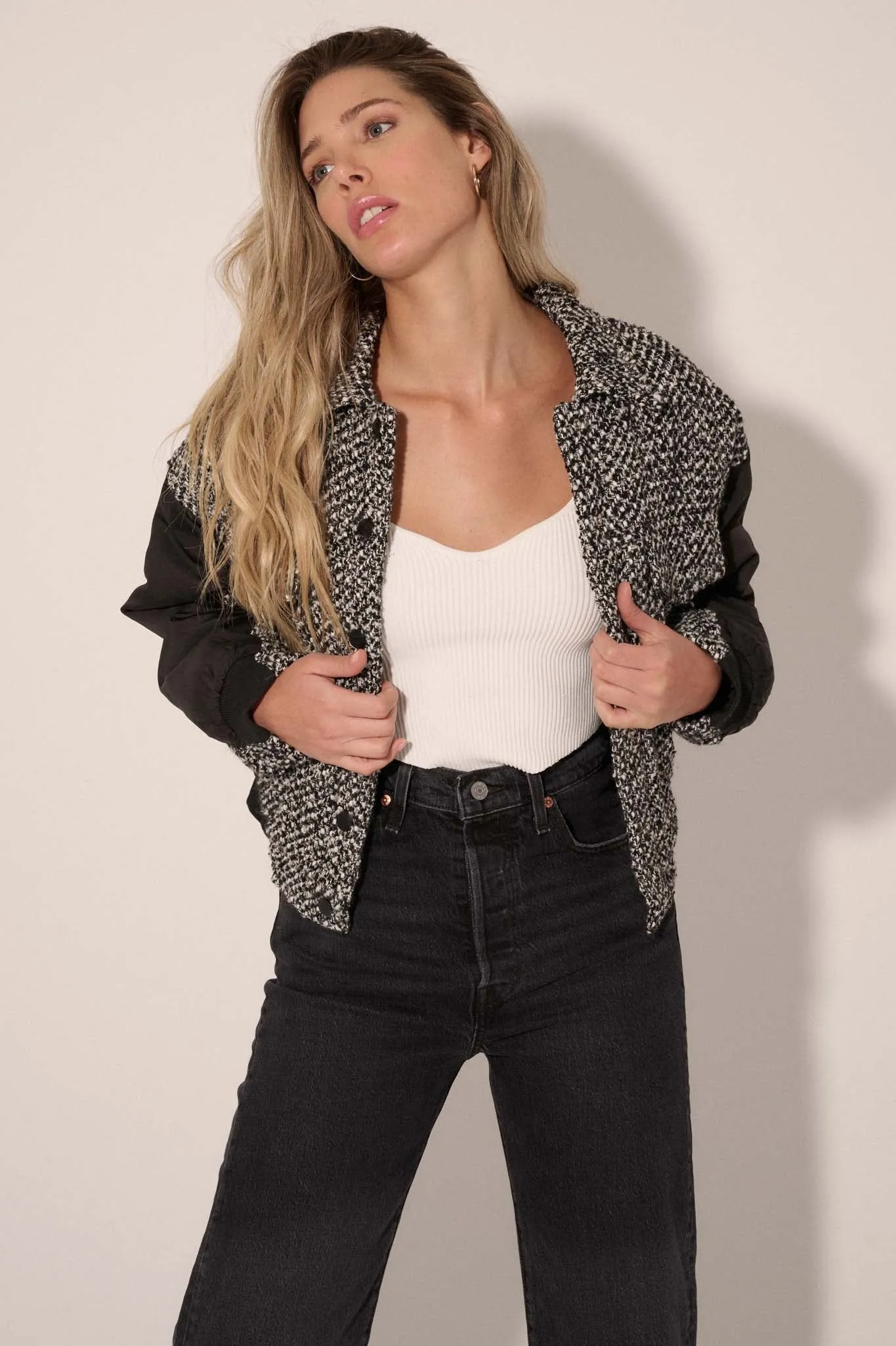 Take the Tweed Mixed Media Trucker Bomber Jacket