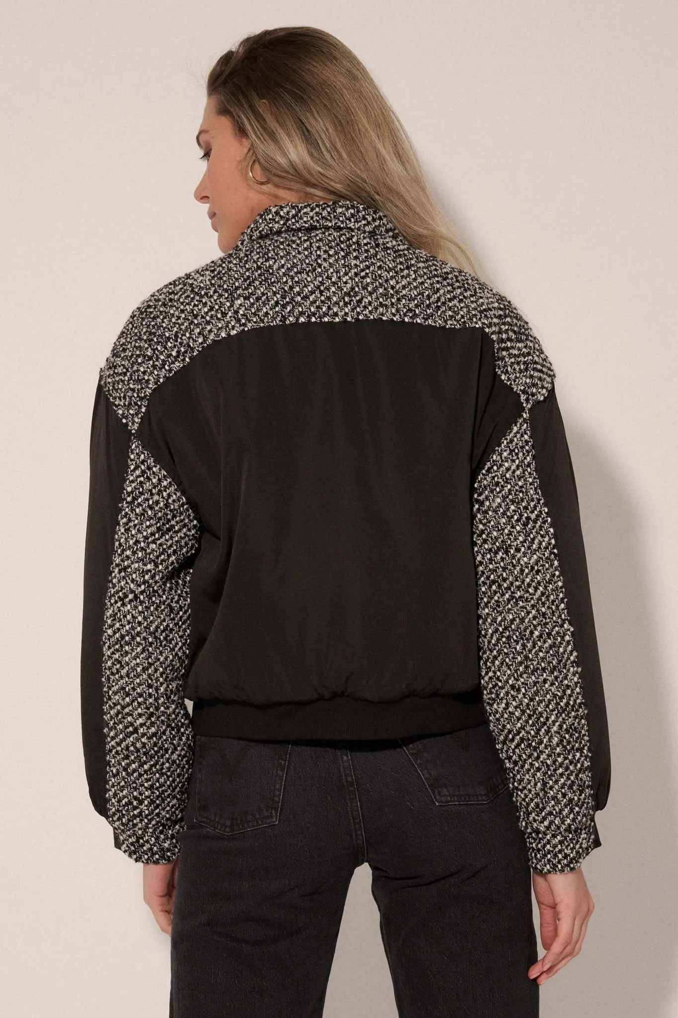 Take the Tweed Mixed Media Trucker Bomber Jacket