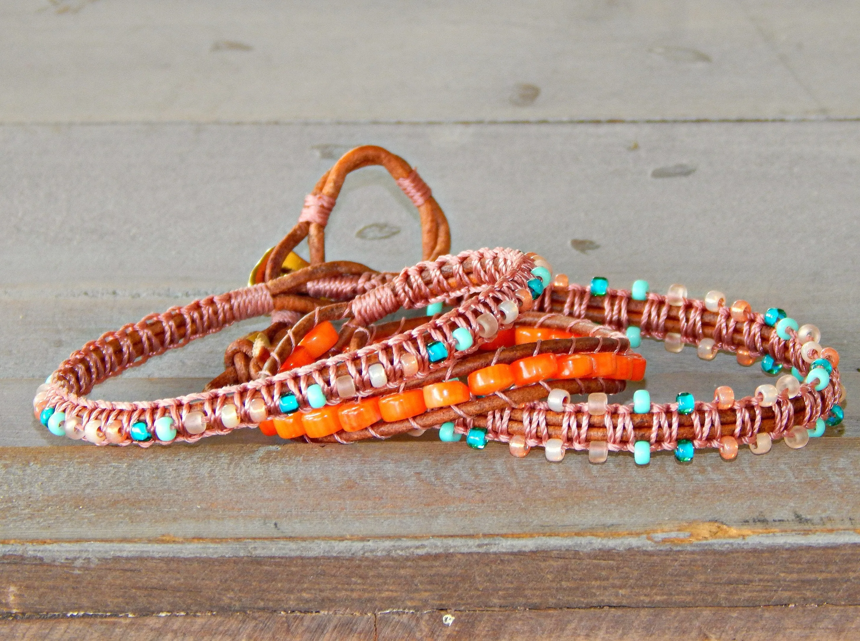 Teal and Coral Macrame Boho 3x wrap bracelet, unique macrame wrap bracelet