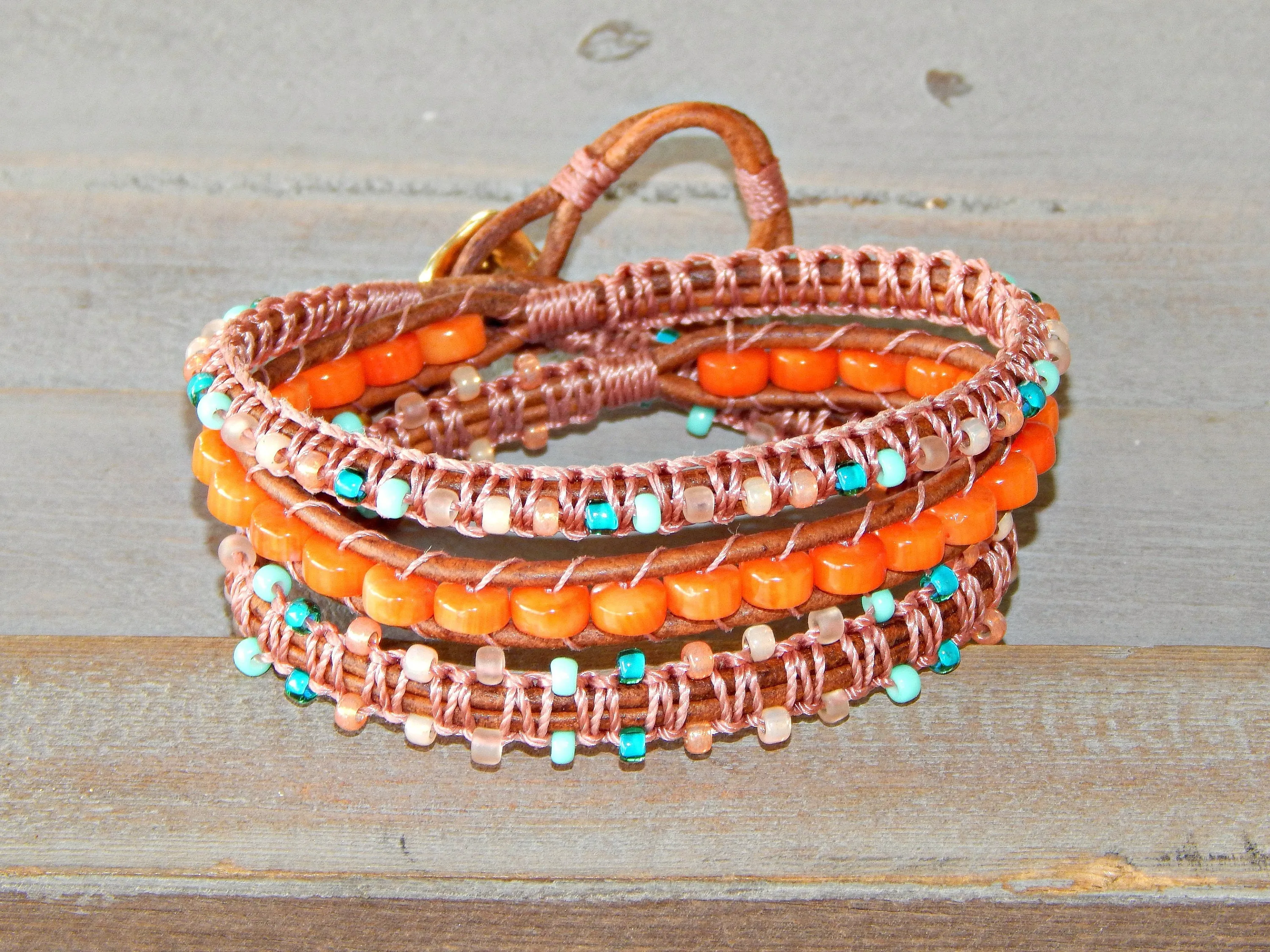 Teal and Coral Macrame Boho 3x wrap bracelet, unique macrame wrap bracelet