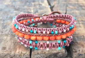 Teal and Coral Macrame Boho 3x wrap bracelet, unique macrame wrap bracelet