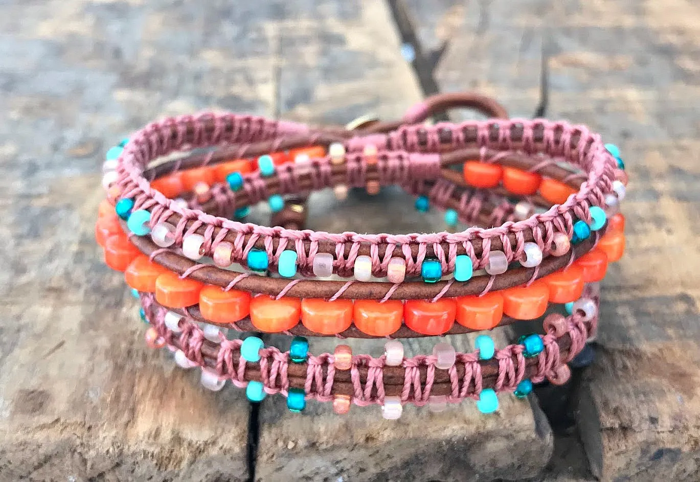 Teal and Coral Macrame Boho 3x wrap bracelet, unique macrame wrap bracelet