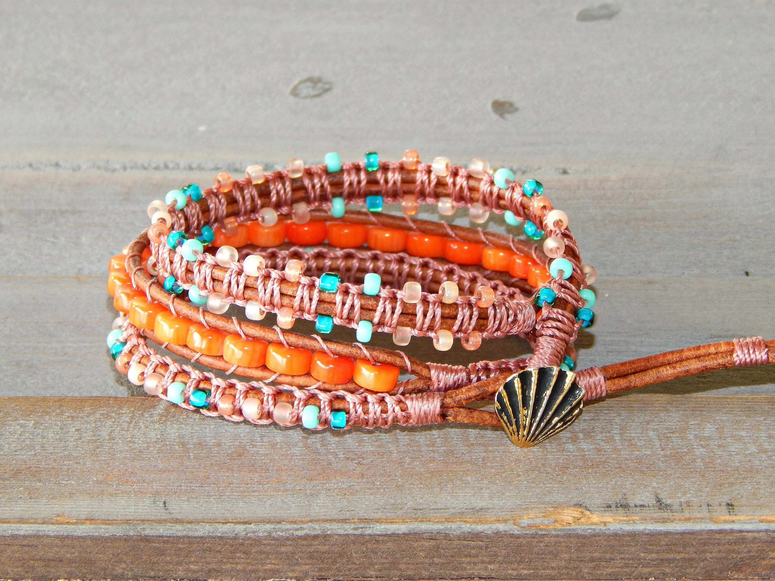 Teal and Coral Macrame Boho 3x wrap bracelet, unique macrame wrap bracelet