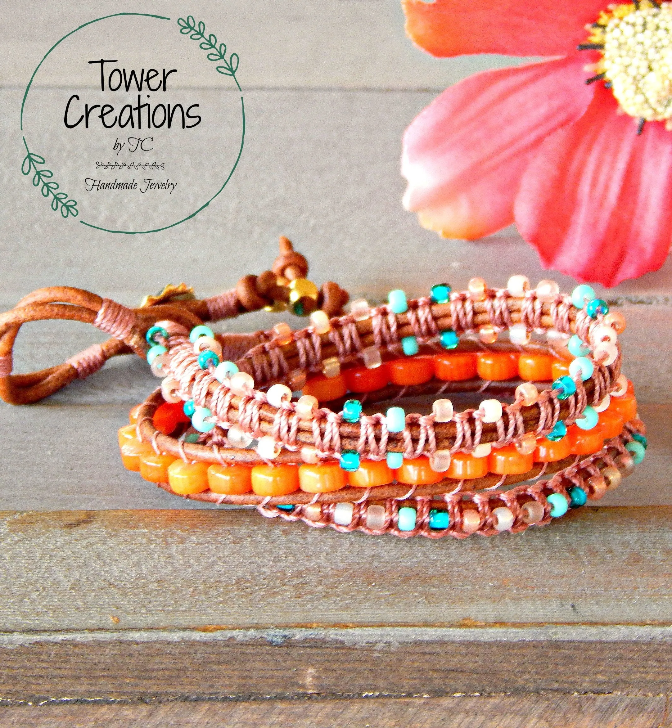 Teal and Coral Macrame Boho 3x wrap bracelet, unique macrame wrap bracelet