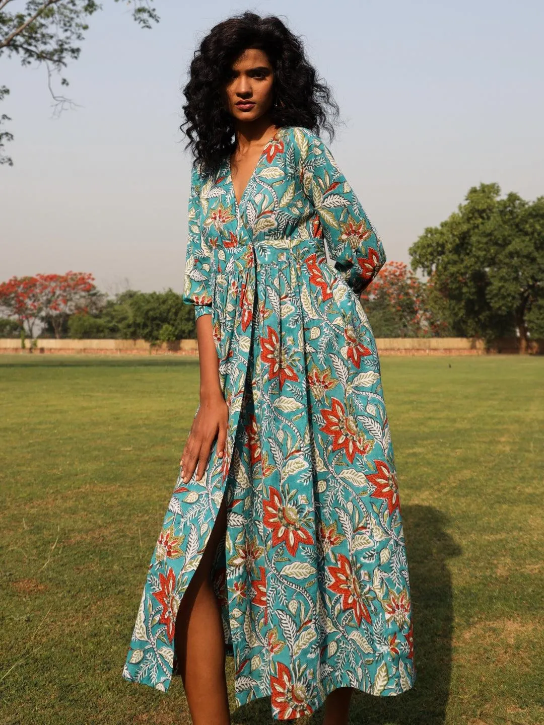 Teal Cotton Block Print Wrap Dress