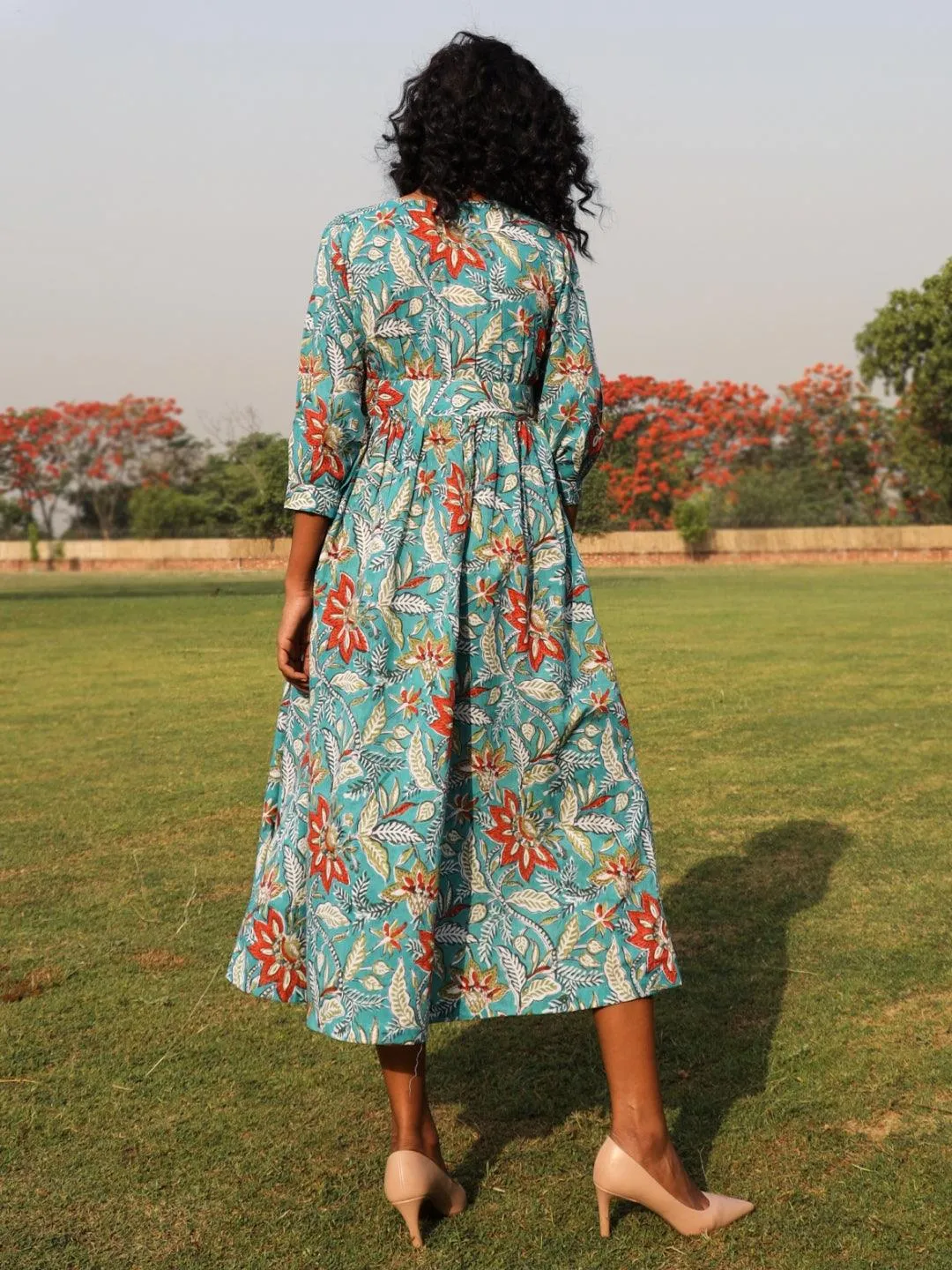 Teal Cotton Block Print Wrap Dress