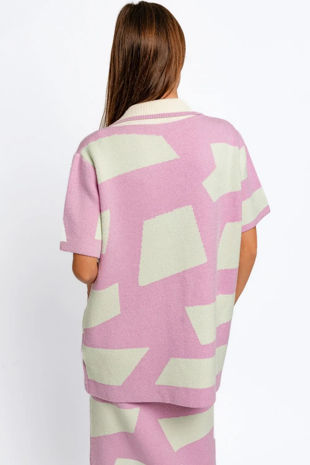 TEEK - Pink Mint Abstract Contrast Short Sleeve Collared Cardigan