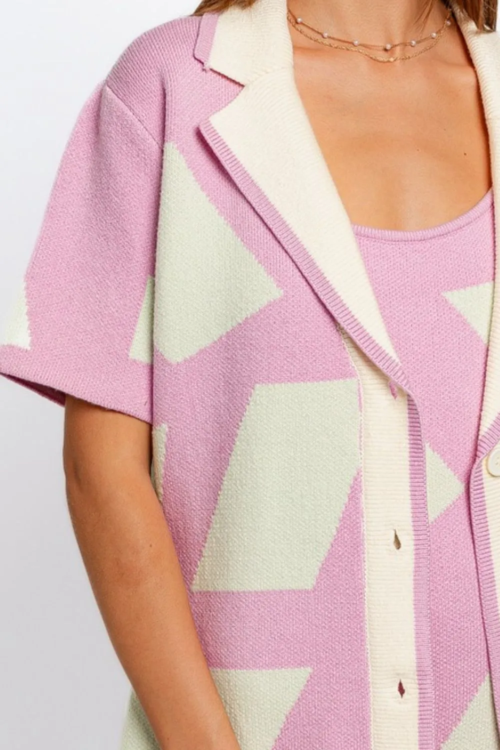 TEEK - Pink Mint Abstract Contrast Short Sleeve Collared Cardigan