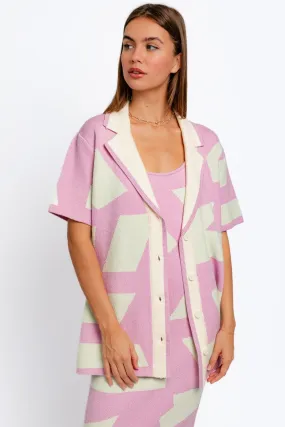 TEEK - Pink Mint Abstract Contrast Short Sleeve Collared Cardigan