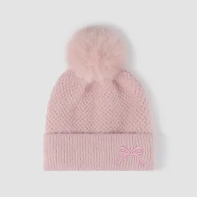 Thermal Bow Knit Hat with Pompom