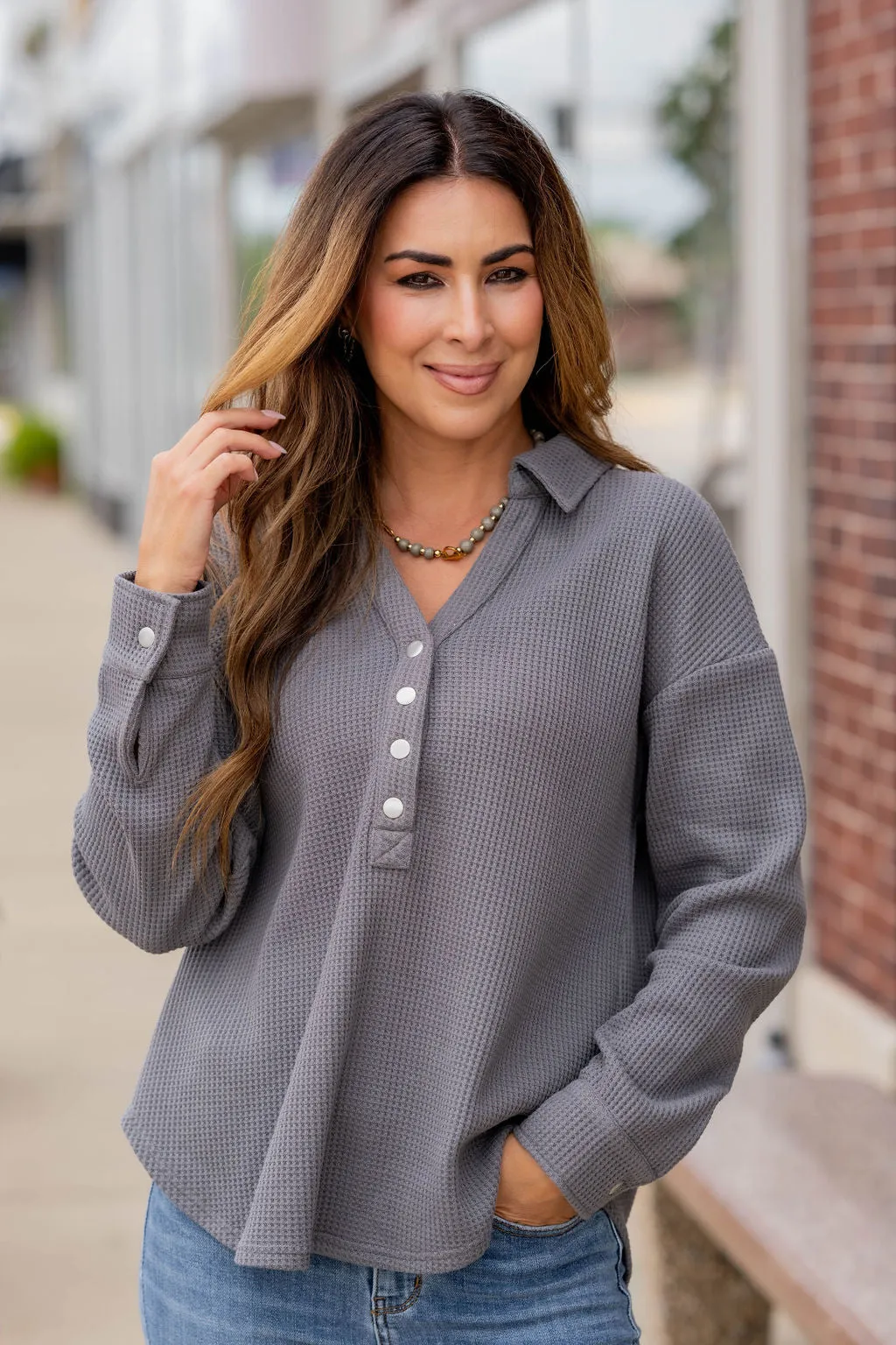 Thermal Collar Accented Button Pullover