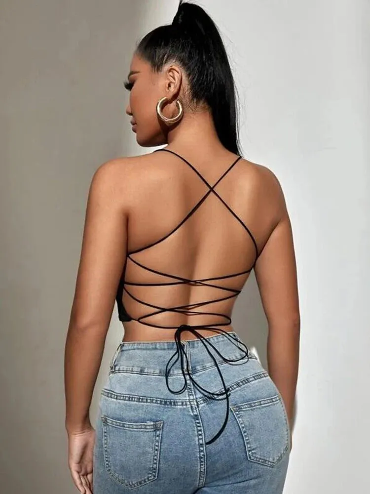 Trendy Camisole Backless Lace Up Crop Top