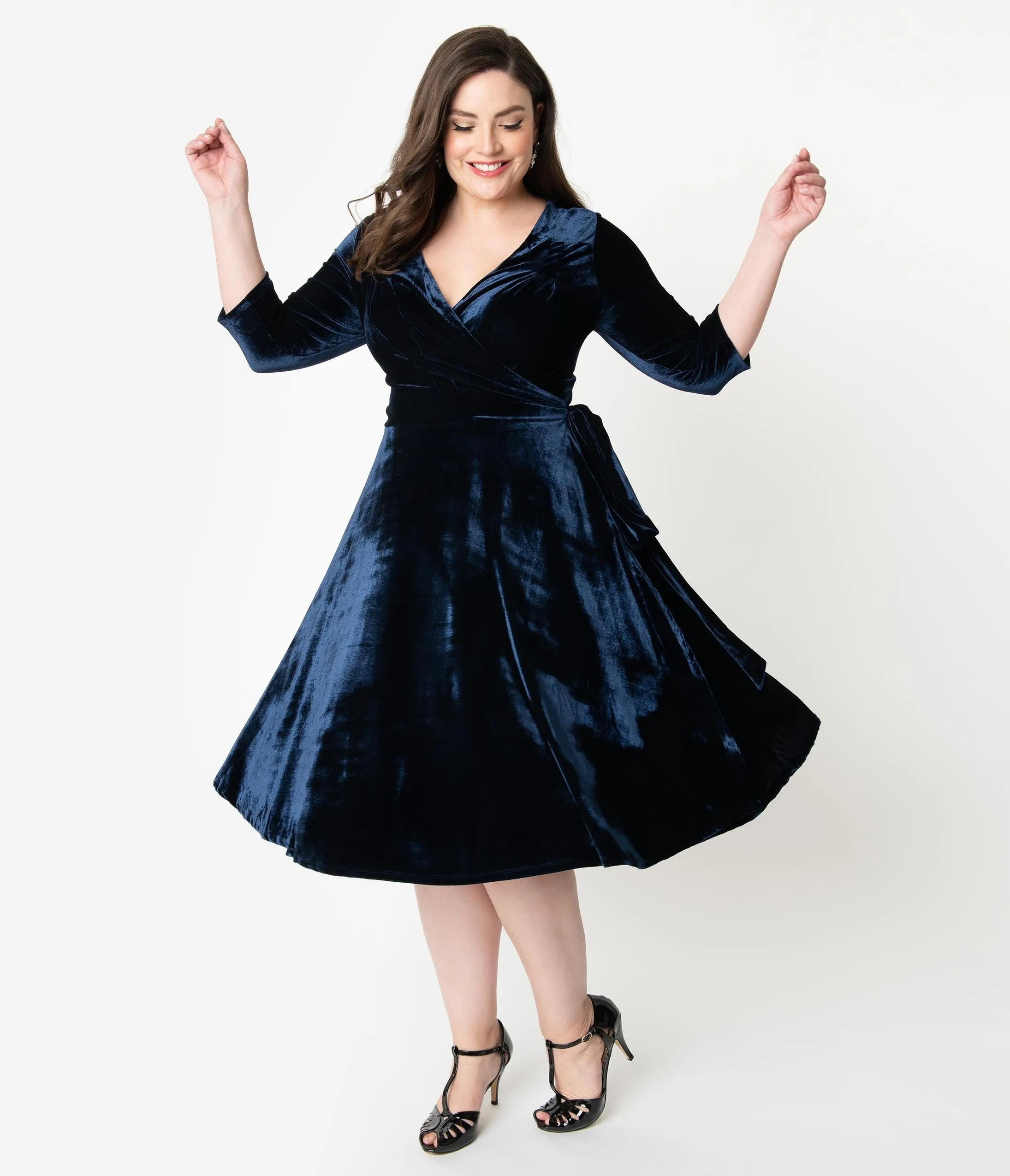 Unique Vintage Plus Size 1940s Style Navy Blue Velvet Kelsie Wrap Dress