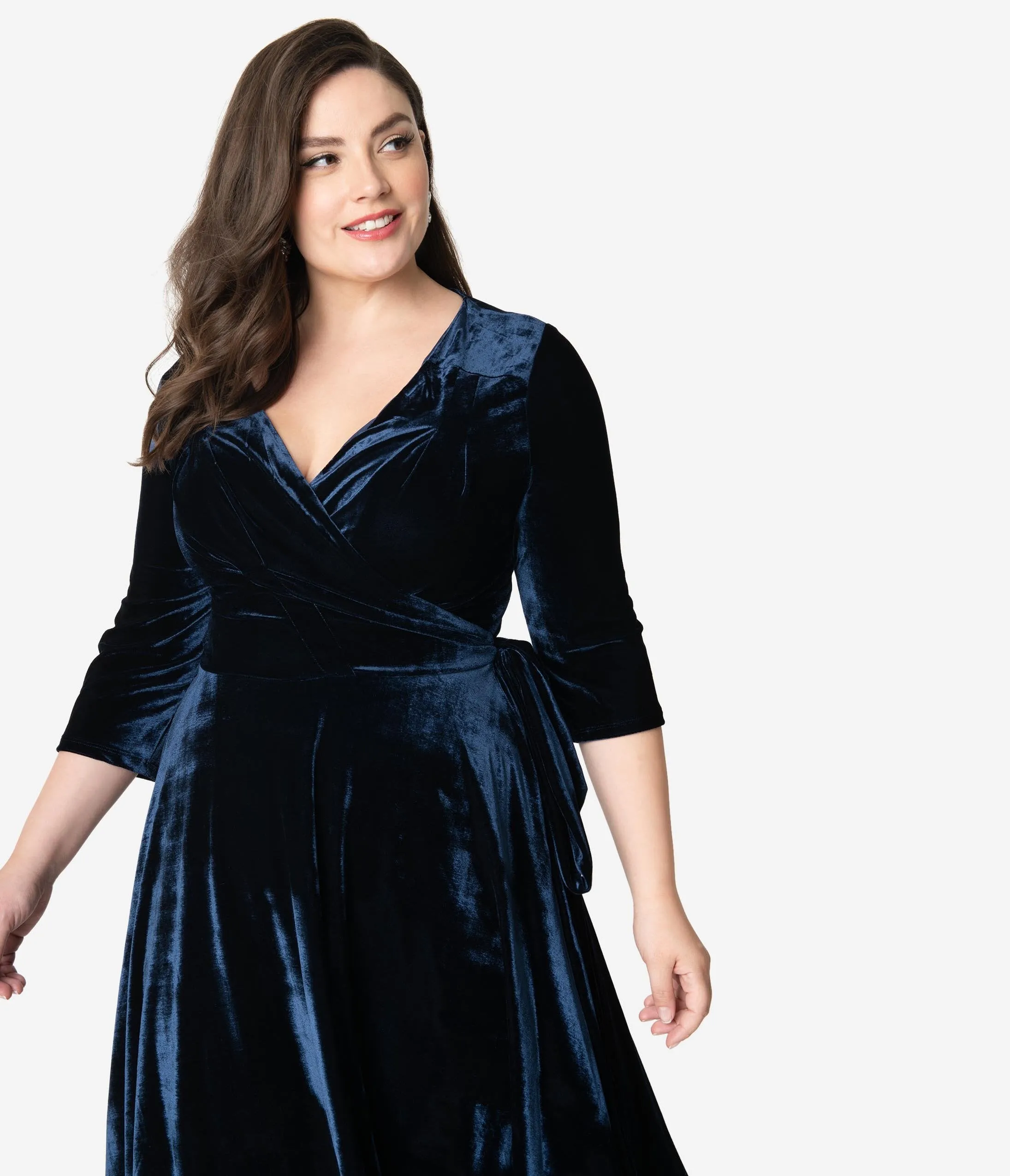 Unique Vintage Plus Size 1940s Style Navy Blue Velvet Kelsie Wrap Dress