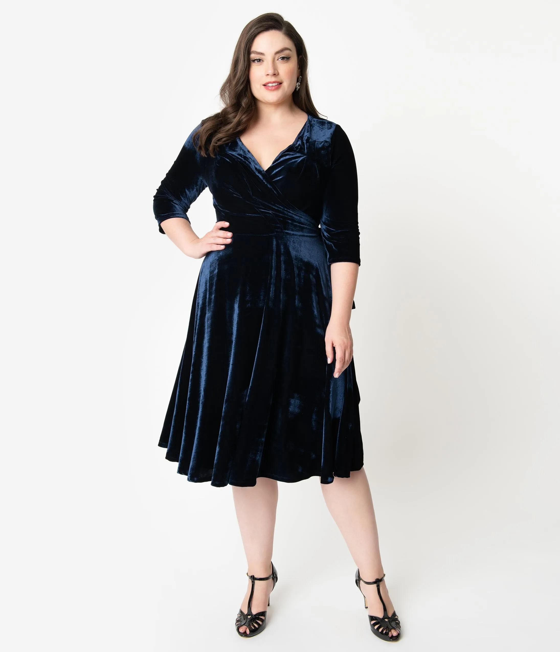 Unique Vintage Plus Size 1940s Style Navy Blue Velvet Kelsie Wrap Dress