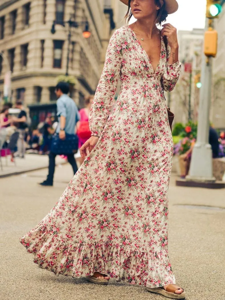 V-neck Floral-Print Bohemia Maxi Dress