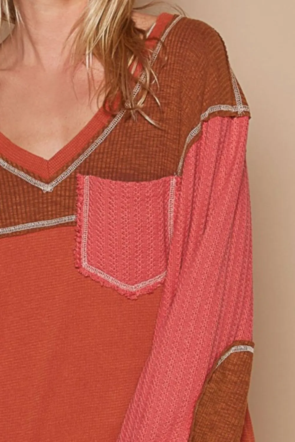 V-Neck Knit Panel Exposed Seam Top