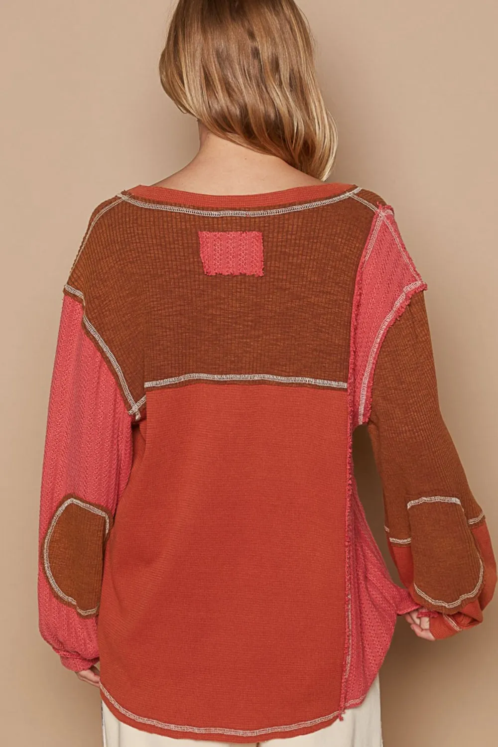 V-Neck Knit Panel Exposed Seam Top