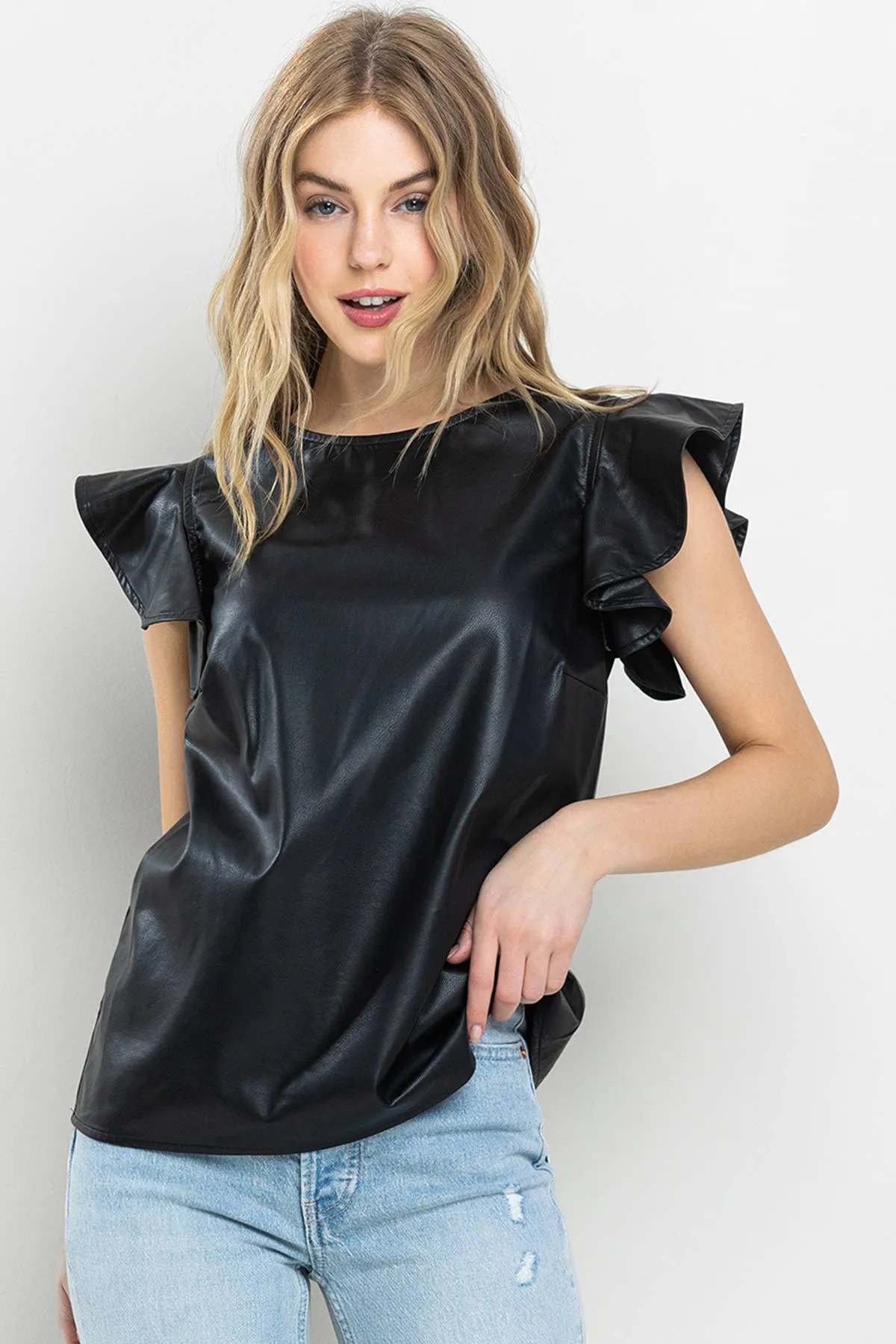 Vegan Leather Ruffle Sleeve Top