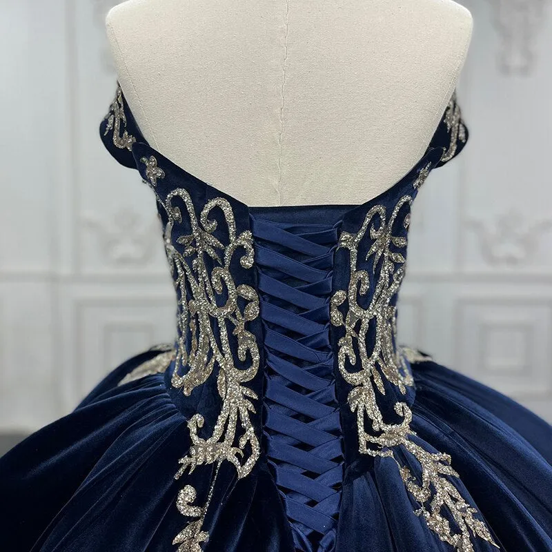 Velvet Blue Ball Gown Quinceanera Dress