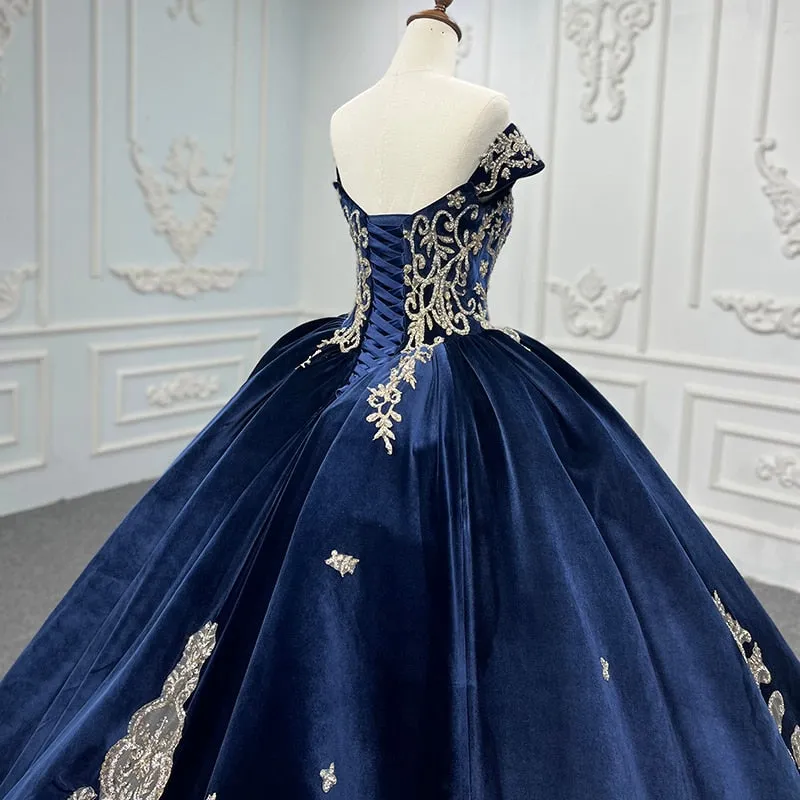 Velvet Blue Ball Gown Quinceanera Dress