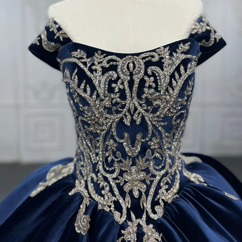 Velvet Blue Ball Gown Quinceanera Dress