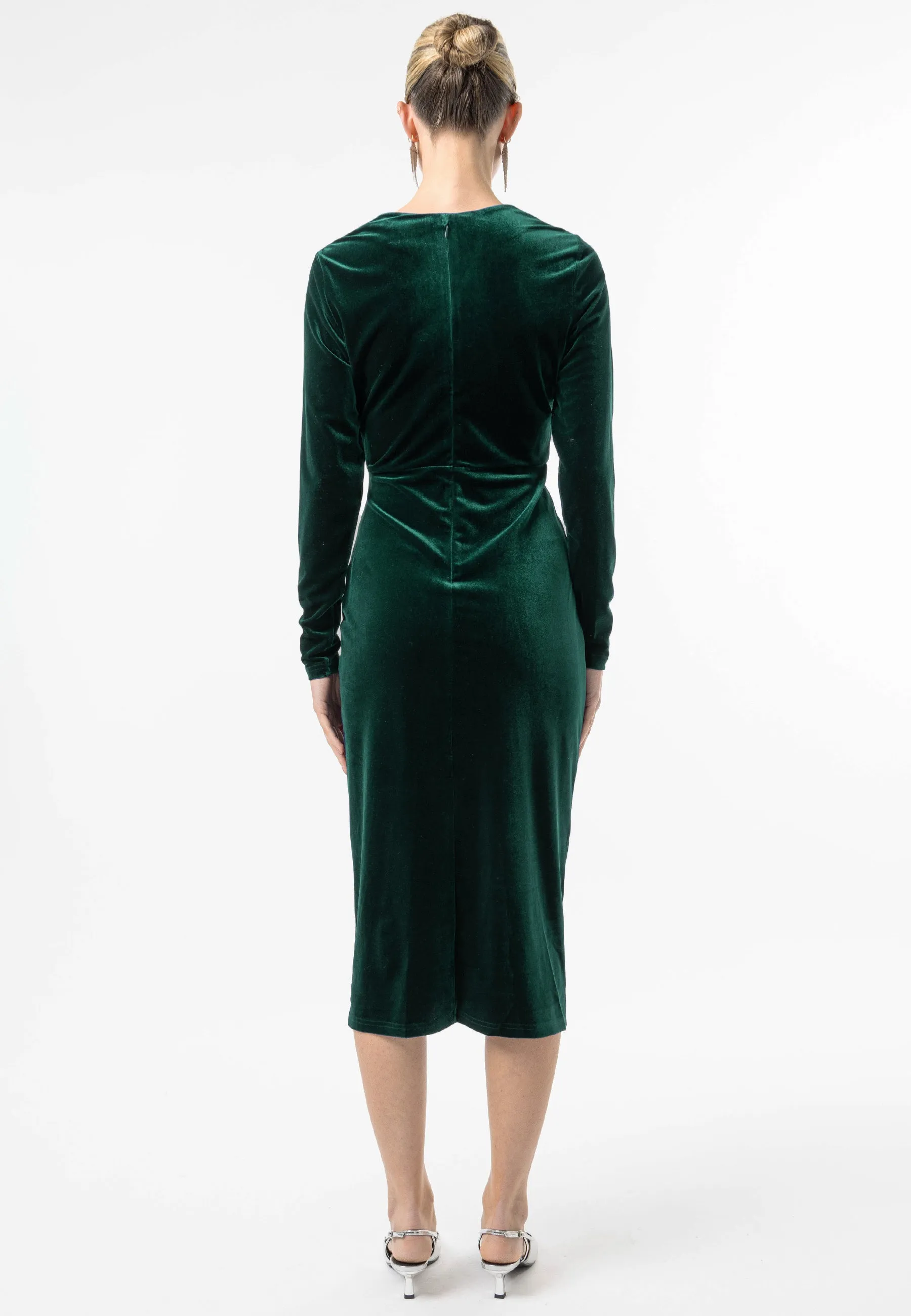 Velvet Long Sleeve Faux Wrap Midi Dress in Green