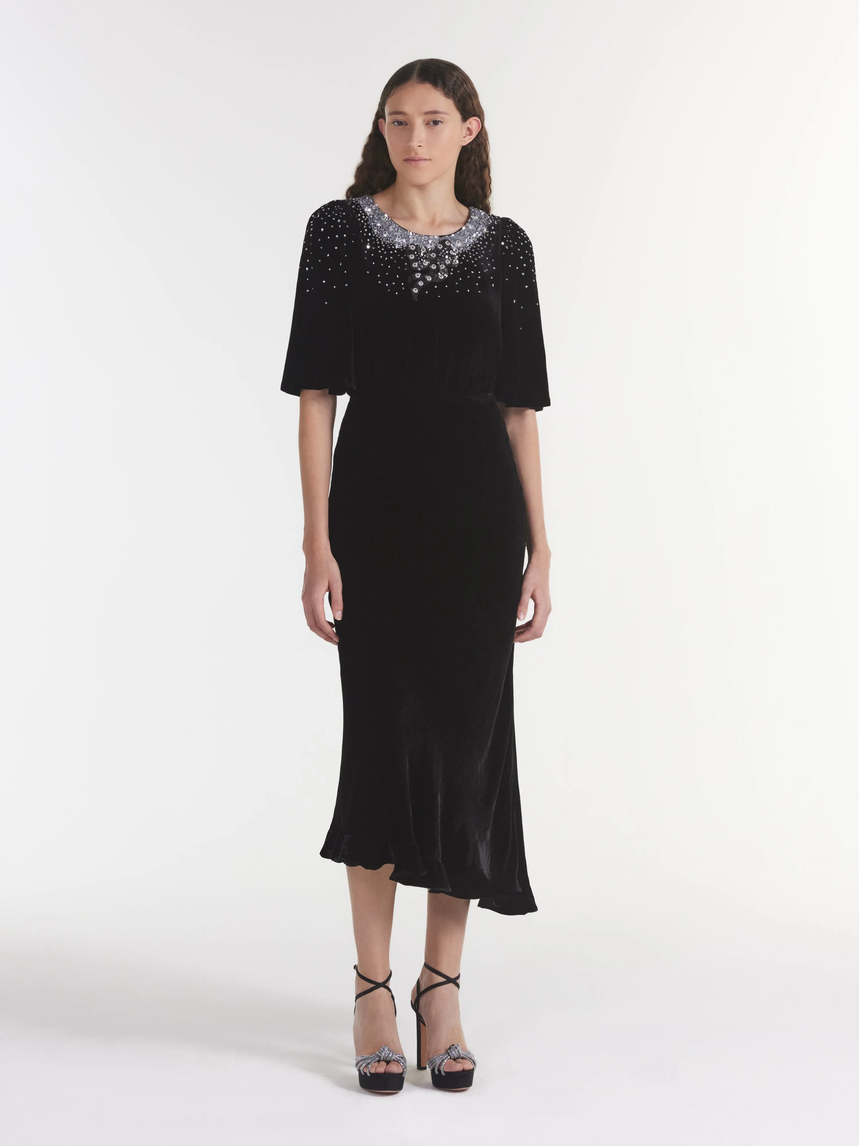 Vida Velvet Dress in Black Silver Ribbons