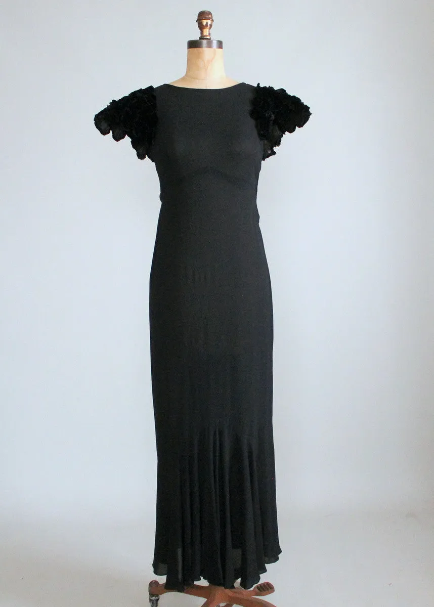 Vintage 1930s Black Evening Dress with Velvet Petal Sleeves