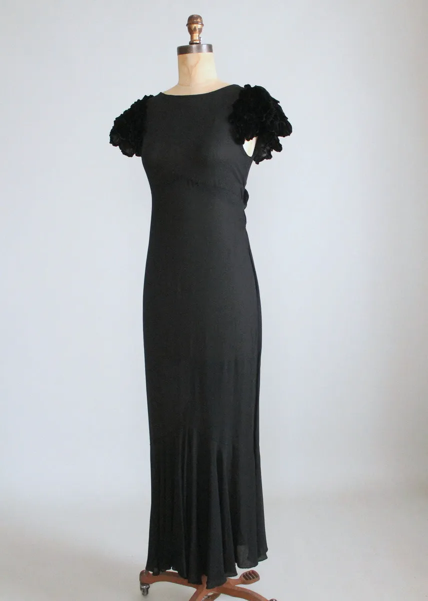 Vintage 1930s Black Evening Dress with Velvet Petal Sleeves