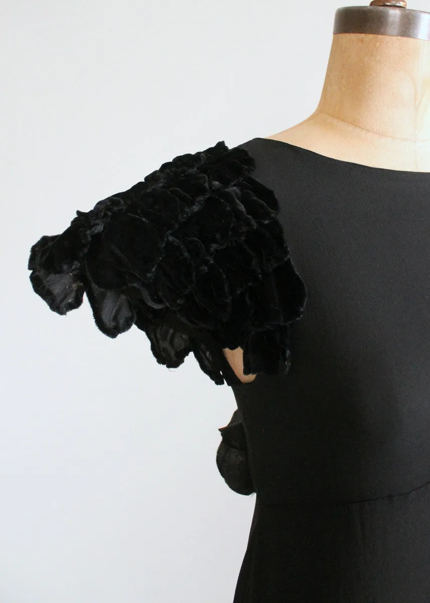 Vintage 1930s Black Evening Dress with Velvet Petal Sleeves