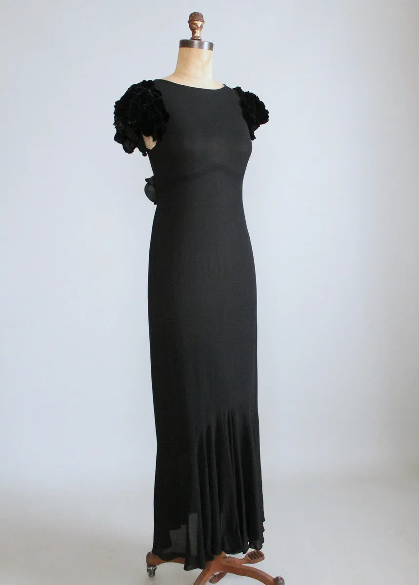 Vintage 1930s Black Evening Dress with Velvet Petal Sleeves