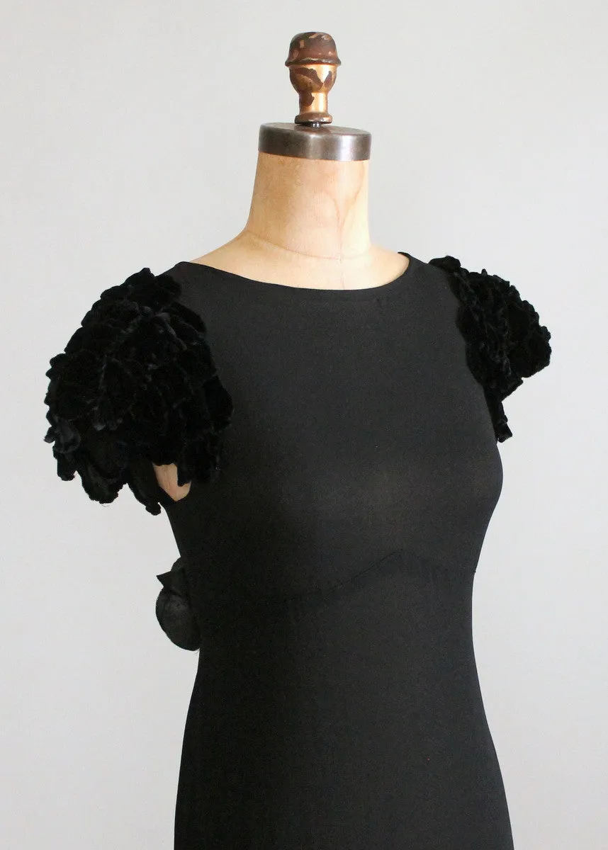 Vintage 1930s Black Evening Dress with Velvet Petal Sleeves