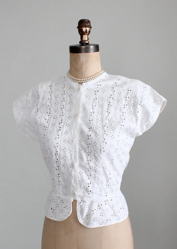 Vintage 1940s White Eyelet Peplum Blouse