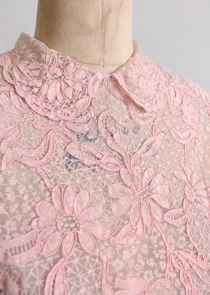 Vintage 1950s Pink Daisies Sheer Blouse