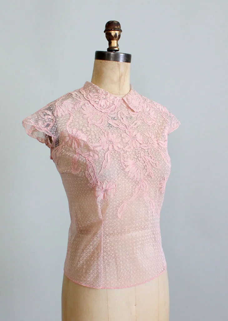 Vintage 1950s Pink Daisies Sheer Blouse